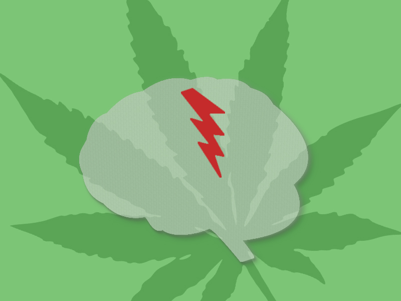 Graphic of brain and lightning bolt on marijuana leaf