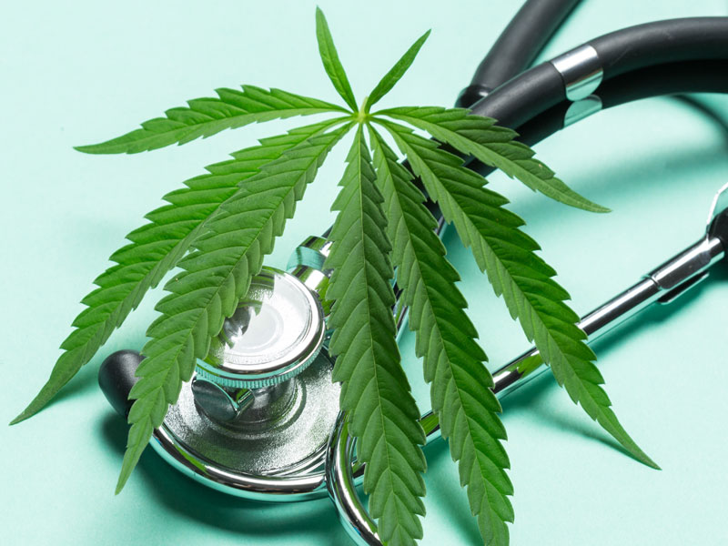 Marijuana leaf and stethoscope